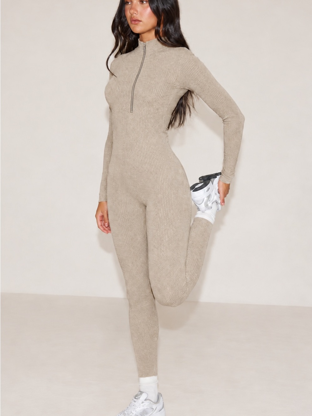 PrettyLittleThing Taupe Ribbed Half-Zip Jumpsuit